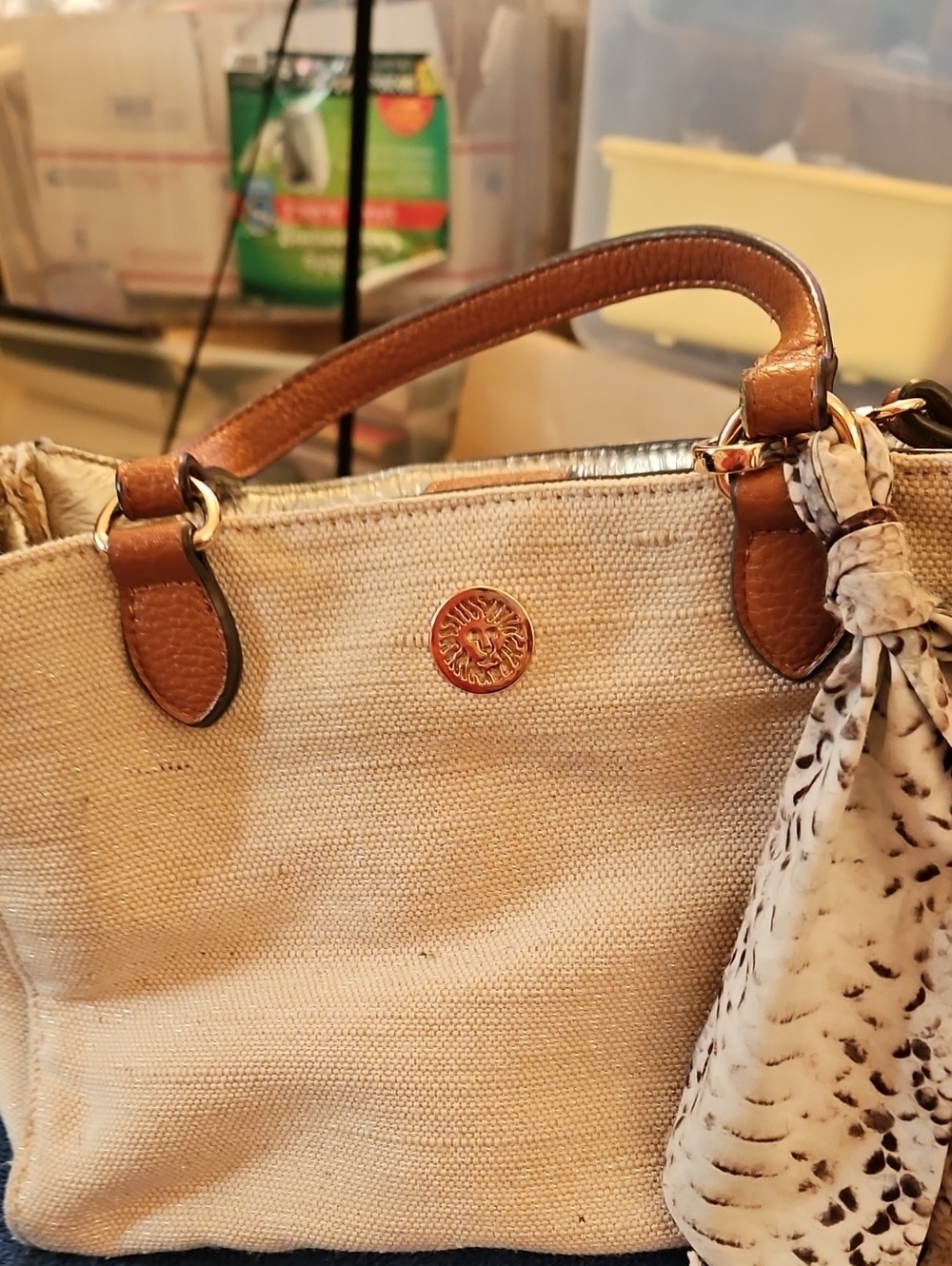 Canvas Tote Bag with Brown Leather Trim and Scarf AccentAnne Kleink2